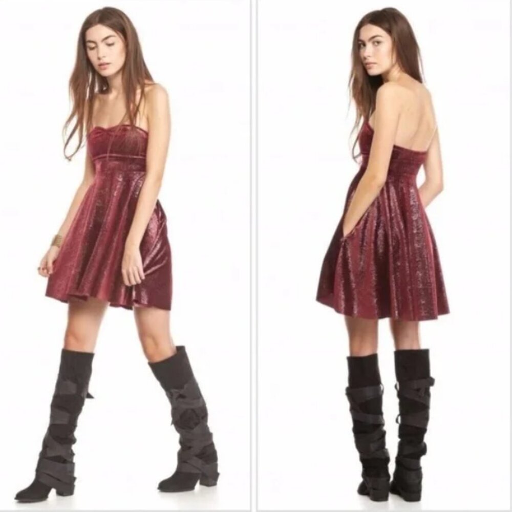 Free‎ People Shattered Shine velvet mini dress berry pink L - Picture 2 of 11